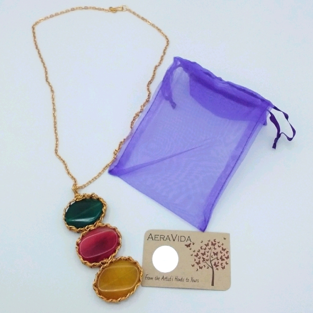 Jovial Trance Multicolor Agate Brass Necklace